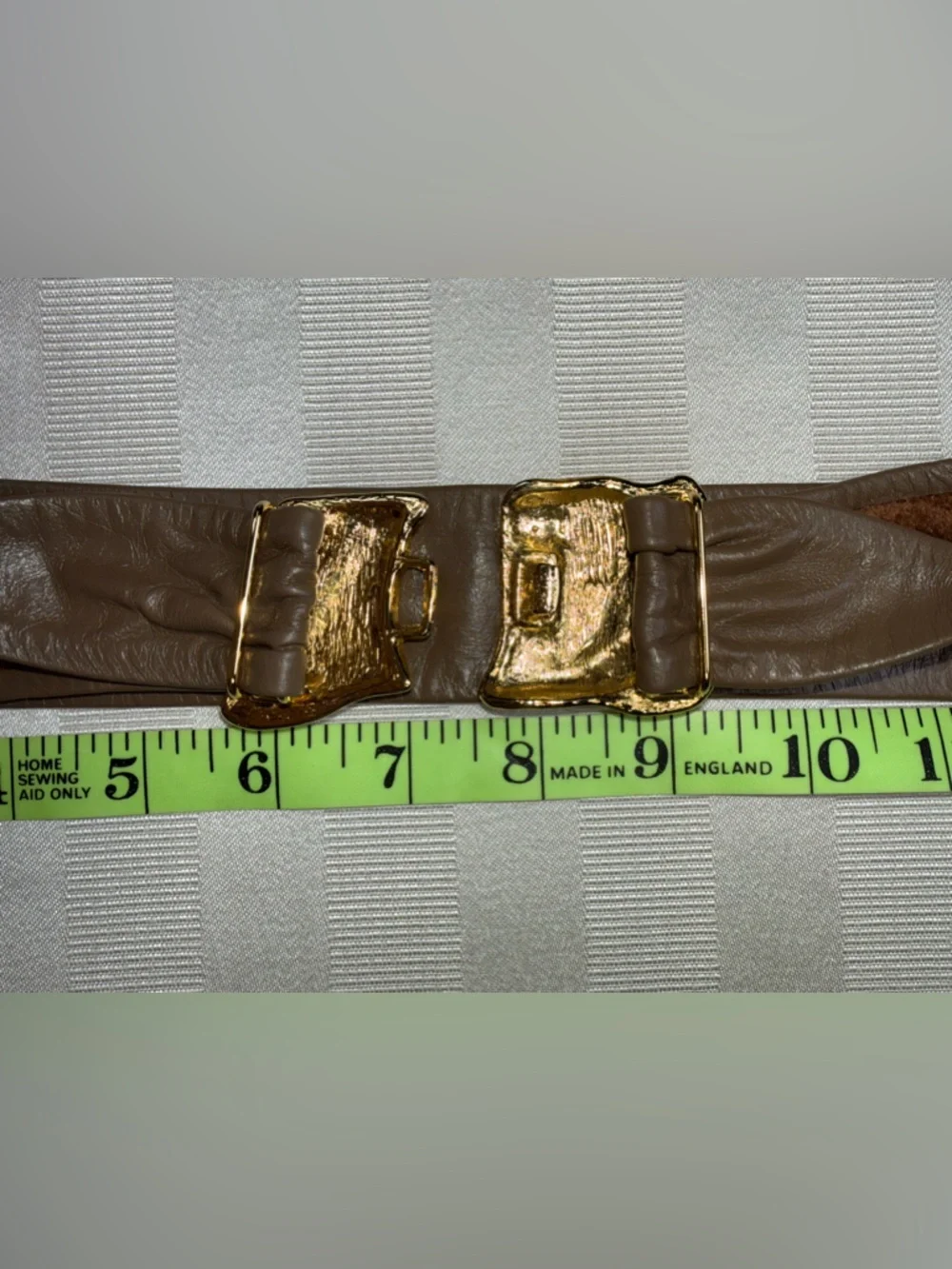 Vintage 80’s Belt Taupe Soft Leather Sculptural Gold Tone Clasp Buckle